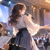 ホテルの宴会場で行われる企業イベントで、マイクを持って登壇する女性声優と進行スタッフ