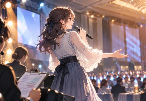 ホテルの宴会場で行われる企業イベントで、マイクを持って登壇する女性声優と進行スタッフ