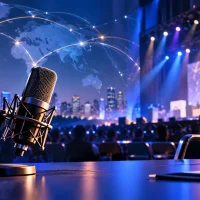 Japanese voice actor casting for international events and conventions, with a stage microphone and worldwide audience