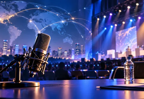 Japanese voice actor casting for international events and conventions, with a stage microphone and worldwide audience